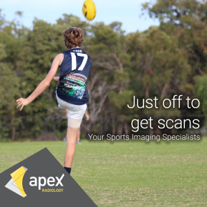 A junior Australian footie player kicking a football on a sports field with the promotional text “Just off to get scans – Your Sports Imaging Specialists” and the Apex Radiology logo.