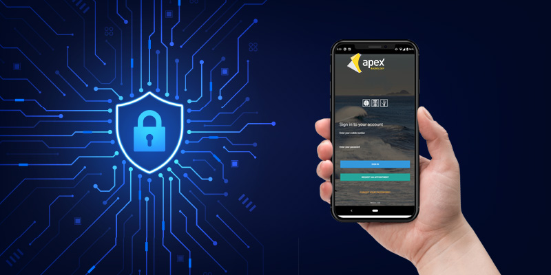 Hand holding phone showing the apex radiology app. On the background a lock is portraying security.